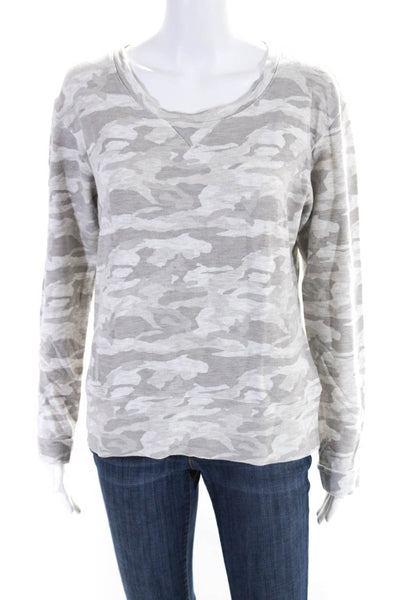 Monrow Womens Camouflage Print Long Sleeve Pullover Round Neck Top Gray Size L