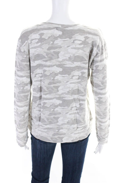 Monrow Womens Camouflage Print Long Sleeve Pullover Round Neck Top Gray Size L