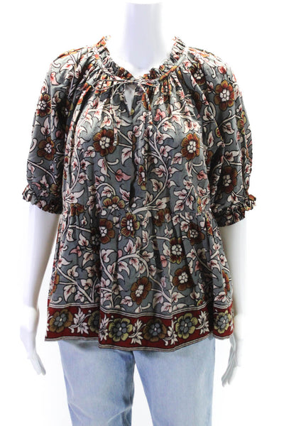 Charlie Joe Womens Tie Neck Floral Short Sleeve Top Blouse Gray Brown Size Small
