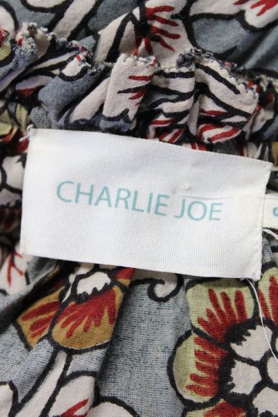 Charlie Joe Womens Tie Neck Floral Short Sleeve Top Blouse Gray Brown Size Small