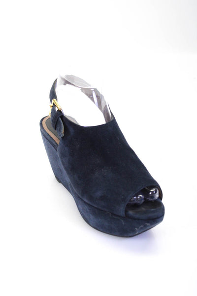 Marni Womens Peep Toe Slingback Wedge Sandals Navy Blue Suede Size 37 7