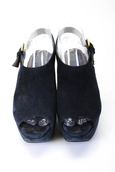 Marni Womens Peep Toe Slingback Wedge Sandals Navy Blue Suede Size 37 7