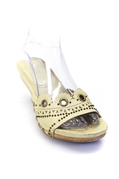 Miu Miu Womens Studded Scalloped Leather Mules Stiletto Sandals Yellow Size 6