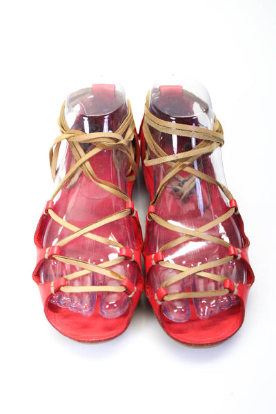 Miu Miu Womens Flat Leather Lace Up Gladiator Sandals Red Size 6