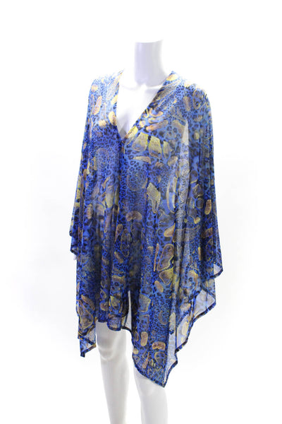 Pain de Sucre Womens Sheer Abstract Print V-Neck Swimsuit Cover Up Blue Size OS