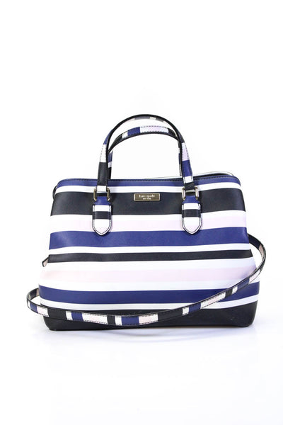 Kate Spade Womens Striped Saffiano Leather Satchel Handbag Pink Black Navy Blue