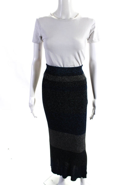 Sonia Rykiel Womens Metallic Knit Colorblock Print Maxi Skirt Blue Gray Size S