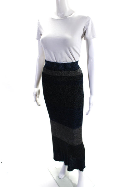 Sonia Rykiel Womens Metallic Knit Colorblock Print Maxi Skirt Blue Gray Size S