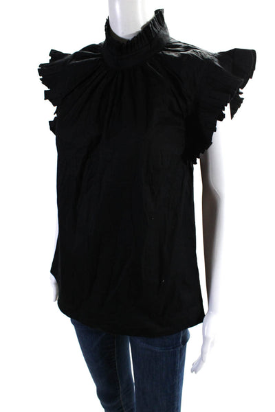 Elan Womens Ruffled Short Sleeve Crew Neck Top Blouse Black Cotton Size Medium