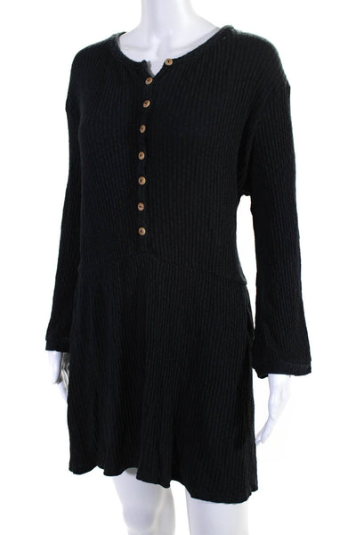 FP Beach Womens Long Sleeve Ribbed Knit Henley Drop Waist Dress Navy Size Small