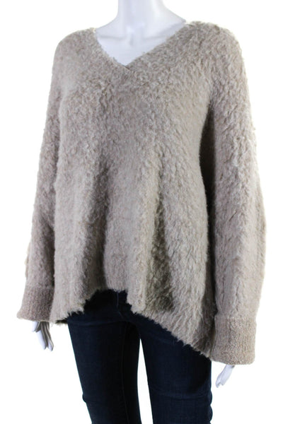 Maeve Womens Oversize Fuzzy Fleece V Neck Sweater Beige Size Extra Large