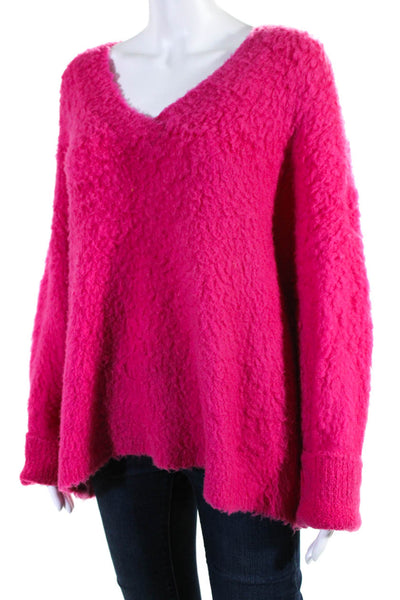 Maeve Womens Oversize Fuzzy Fleece V Neck Sweater Hot Pink Size Extra Large
