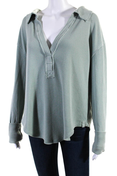 We The Free Womens Long Sleeve Thermal Knit Collared Top Blouse Green Medium