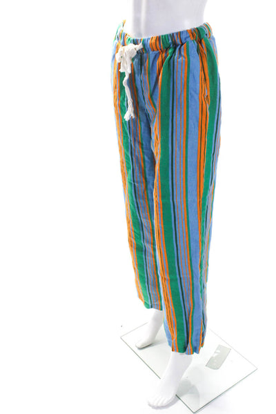 Staud Womens Elastic Waist Striped Wide Leg Pants Orange Blue Green Linen Medium