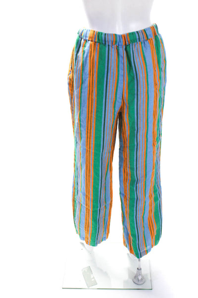 Staud Womens Elastic Waist Striped Wide Leg Pants Orange Blue Green Linen Medium