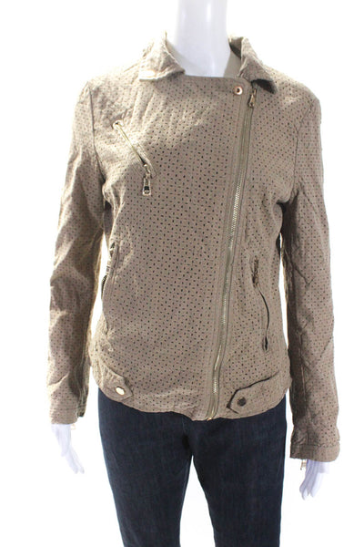Love Token Womens Laser Cut Front Zip Collared Faux Leather Jacket Brown Medium