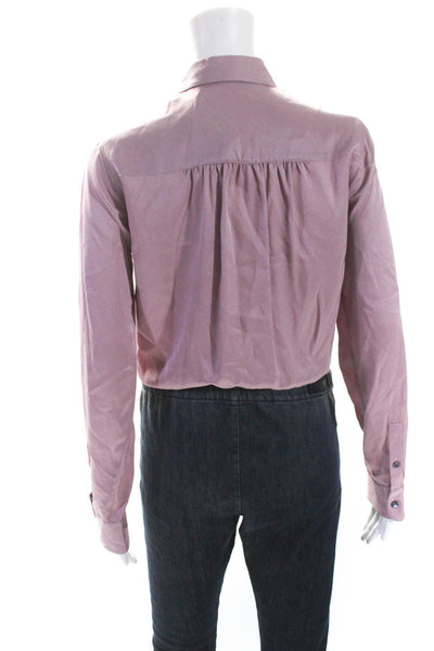 Theory Womens Elastic Waist Tie Front Crop Satin Button Up Blouse Pink Small