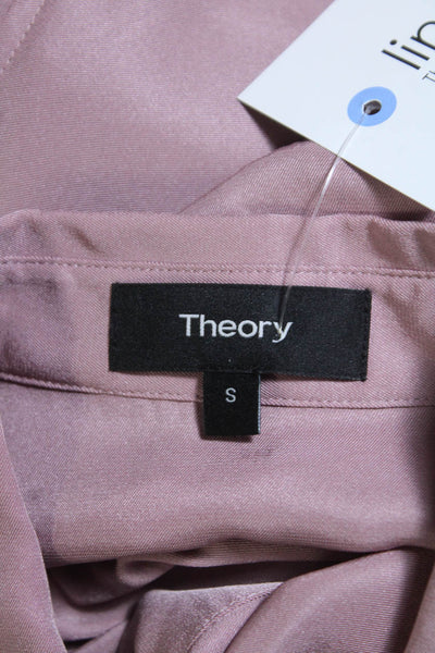 Theory Womens Elastic Waist Tie Front Crop Satin Button Up Blouse Pink Small