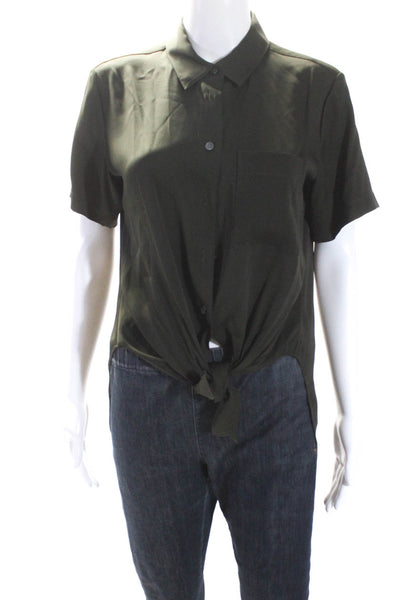 Theory Womens Knotted Tie Front Short Sleeve Button Up Top Blouse Green Small