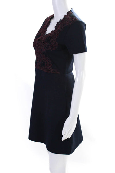 Sandro Womens Back Zip Short Sleve Embroidered Trim A Line Dress Navy Size 1