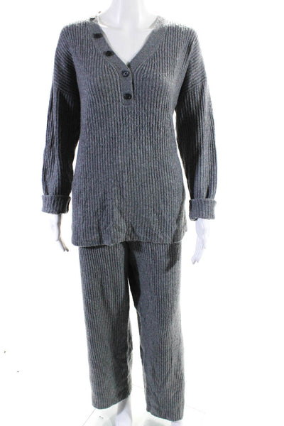 Saks Fifth Avenue Womens V Neck Sweatshirt Sweatpants Set Gray Wool Size Large
