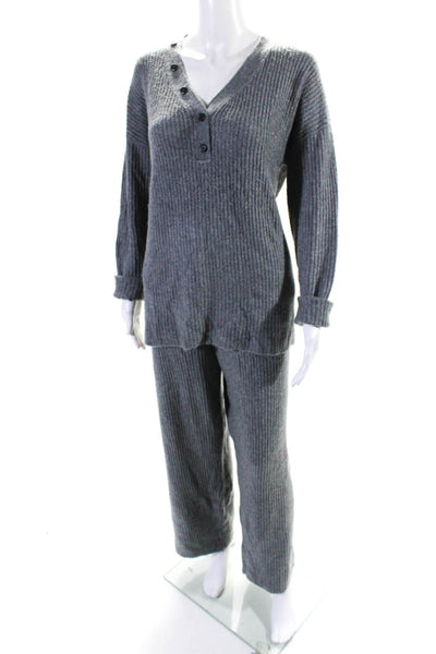 Saks Fifth Avenue Womens V Neck Sweatshirt Sweatpants Set Gray Wool Size Large