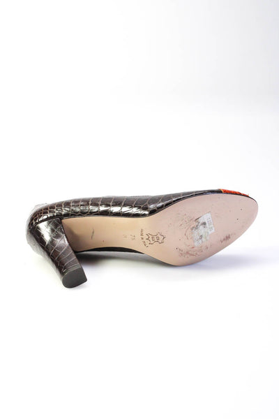 Isaac Womens Block Heel Croc Embossed Peep Toe Pumps Brown Leather Size 7.5M