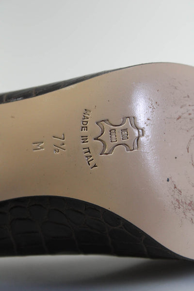 Isaac Womens Block Heel Croc Embossed Peep Toe Pumps Brown Leather Size 7.5M