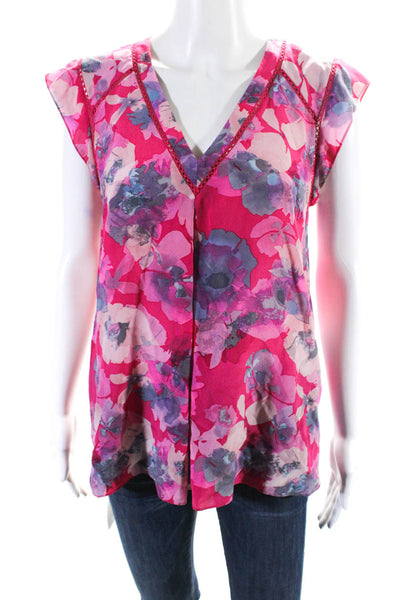 Rebecca Taylor Womens V Neck Sleeveless Floral Print Blouse Pink Size 4