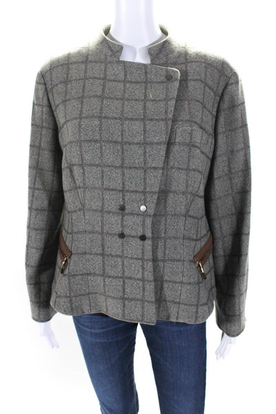 Giorgio Armani Womens Button Front Crew Neck Knit Check Jacket Gray Wool IT 48