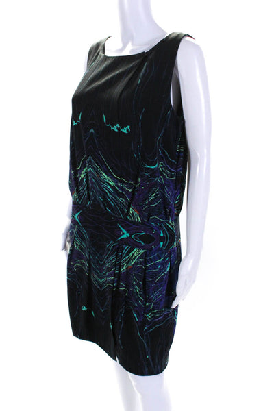 Brian Reyes Women Abstract Sleeveless Drop Waist Dress Black Purple Green Size 8