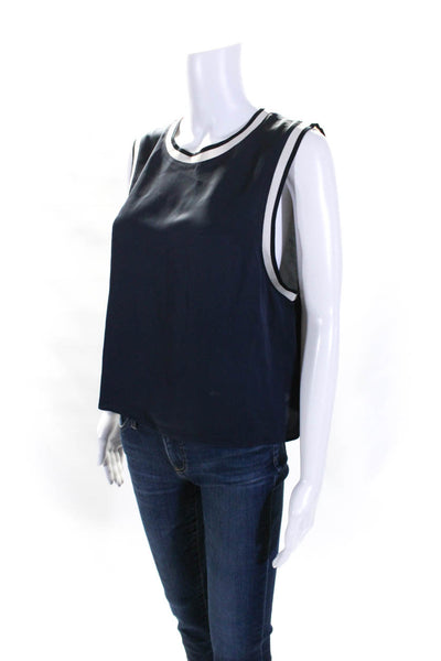 Theory Womens Knit Trim Sleeveless Crew Neck Top Blouse Blue Silk Size Large