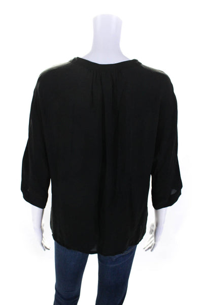 Joie Womens Pleated Y Neck 3/4 Dolman Sleeve Top Blouse Black Silk Size Small