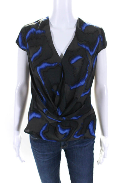 Halston Heritage Womens Abstract Cap Sleeve V Neck Top Blouse Blue Gray Size 0