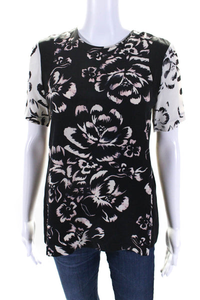 Rebecca Taylor Womens Short Sleeve Contrast Floral Top Blouse Black White Size 0