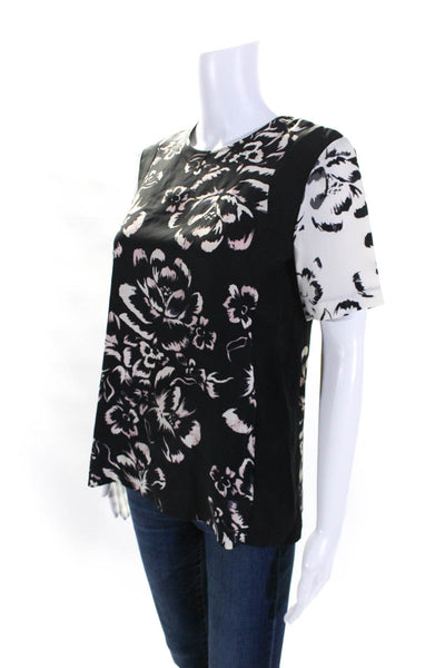 Rebecca Taylor Womens Short Sleeve Contrast Floral Top Blouse Black White Size 0