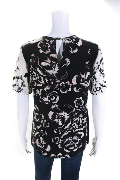 Rebecca Taylor Womens Short Sleeve Contrast Floral Top Blouse Black White Size 0