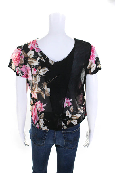 Reformation Womens Surplice Back Floral Cap Sleeve Top Blouse Black Pink XS/S