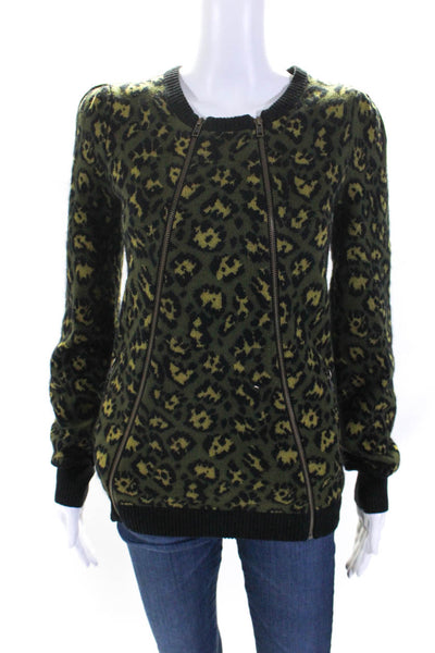 Betsey Johnson Womens Green Leopard Print Full Zip Long Sleeve Jacket Size S