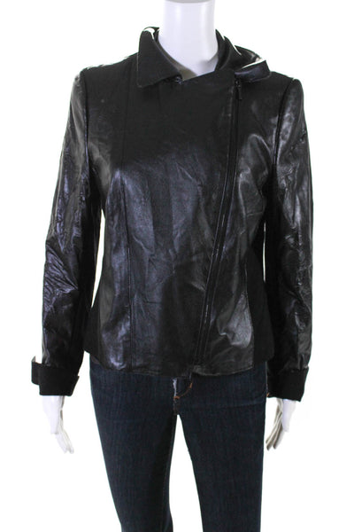 Akris Punto Womens Front Zip Collared Faux Leather Jacket Black Size 10