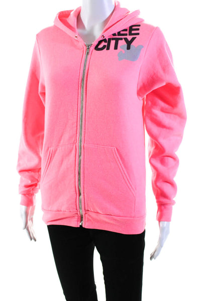 FREE CITY Womens Graphic Logo Full Zip Hooded Jacket Neon Pink Size Small