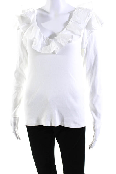 Veronica Beard Jeans Womens Long Sleeve Ruffled V Neck Shirt White Cotton Small