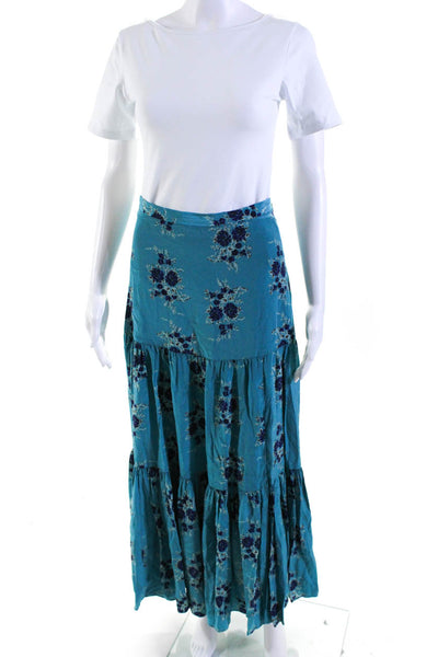 Veronica Beard Womens Side Zip Floral Silk Midi A Line Skirt Teal Blue Size 0