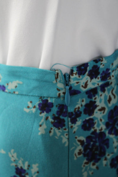 Veronica Beard Womens Side Zip Floral Silk Midi A Line Skirt Teal Blue Size 0