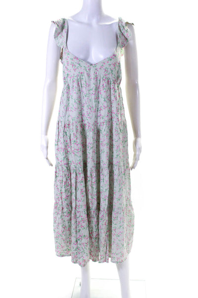 Sokee Collective Womens V Neck Floral Tiered Midi Dress Light Green Pink Small