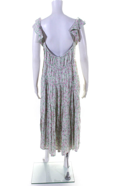Sokee Collective Womens V Neck Floral Tiered Midi Dress Light Green Pink Small
