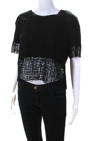 Elie Tahari Womens Cotton Textured Short Sleeve Round Neck Blouse Black Size L