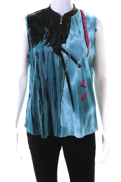 Jamie Sadock Womens Ribbed Striped Print Sleeveless Zipped Blouse Blue Size L
