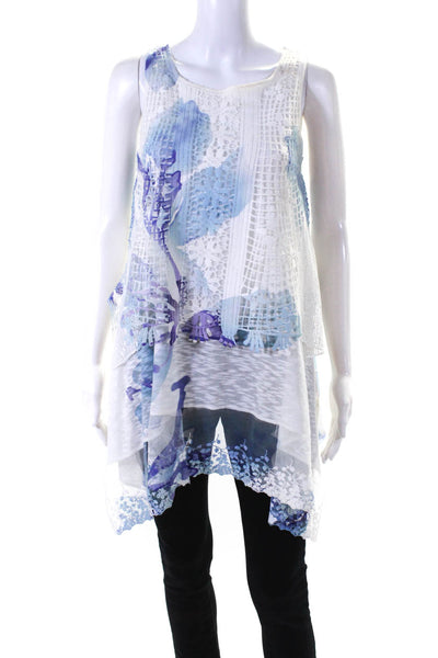 Cupio Womens Mesh Floral Embroidered Textured Sleeveless Layered Top Blue Size S
