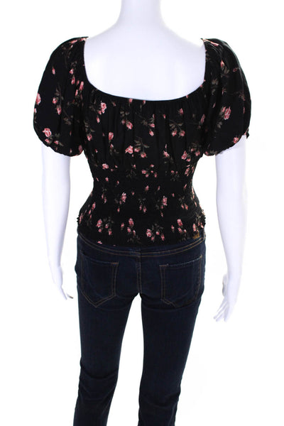 Reformation Womens Puff Sleeve Floral V Neck Smock Crop Top Black Pink Small